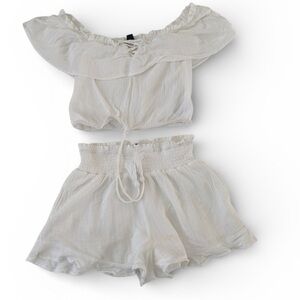 American Eagle Short Set Gauzy Cropped Top High Waist Flowy Shorts White Small